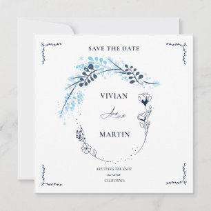 Elegante Navy-Blau-Monogramm-Blumen-Save-the-Date- Einladung