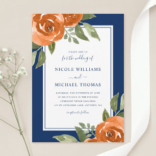 Elegante Navy-Blau Orange Wasserfarben Blumenhochz Einladung