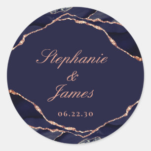 Elegante Navy-Blau-Roségold-Folie-Achat-Hochzeit Runder Aufkleber