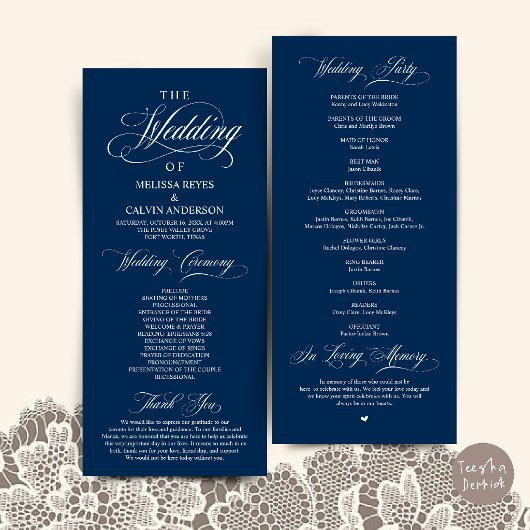 Elegante Navy-Blau-Script-Hochzeitszeremonie Programm