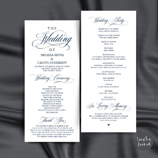 Elegante Navy-Blau-Script-Hochzeitszeremonie Programm