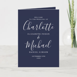 Elegante Navy-Blau-Signatur-Schrift Hochzeit Programm