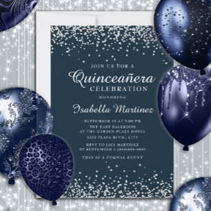 Elegante Navy-Blau Silber-Konfetti Quinceañera Einladung