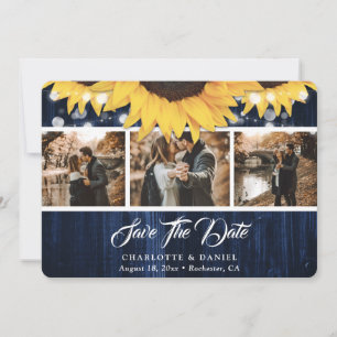 Elegante Navy-Blau-Sonnenblumen-Foto-Hochzeit Save The Date