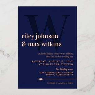 Elegante Navy-Blau-Typografie-Pfeil-Roségold Folieneinladung
