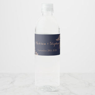 Elegante Navy Blau und Falsche Rose Gold Hochzeit Wasserflaschenetikett