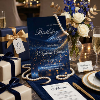 Elegante Navy-Blau- und Gold-Geburtstagseinladung Folieneinladung