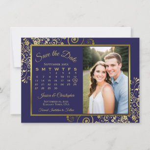 Elegante Navy-Blau- und Gold-Kalender- und Foto-Ho Save The Date