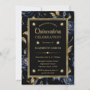 Elegante Navy Blau und Gold Rose Blumen Quinceaner Einladung