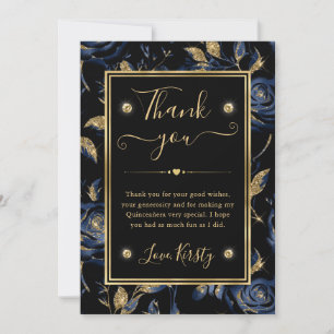 Elegante Navy Blau und Gold Rose Floral Quinceaner Dankeskarte