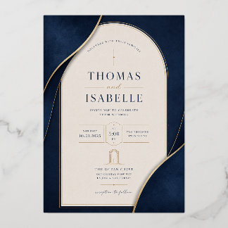 Elegante Navy-Blau- und Goldene Hochzeits-Einladun Folieneinladung