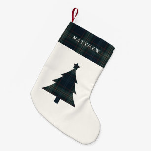 Elegante Navy-Blau und Grün karierte Weihnachtsbau Kleiner Weihnachtsstrumpf