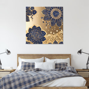 Elegante Navy-Blau und Metallic-Gold Blumen-Kunst  Leinwanddruck