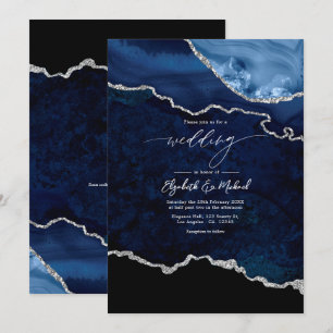 Elegante Navy-Blau- und Silber-Achat-Hochzeits-QR- Einladung