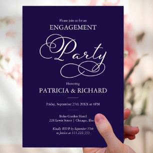 Elegante Navy Blau Weiße Schrift Engagement-Party Einladung