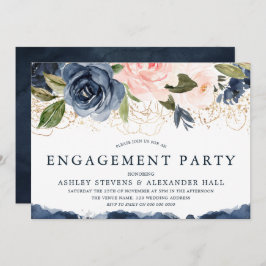 Elegante Navy Bloral Gold Blush Engagement Party Einladung