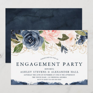 Elegante Navy Bloral Gold Blush Engagement Party Einladung