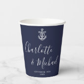 Elegante Navy Blue Anchor Nautical Wedding Pappbecher (Rückseite)