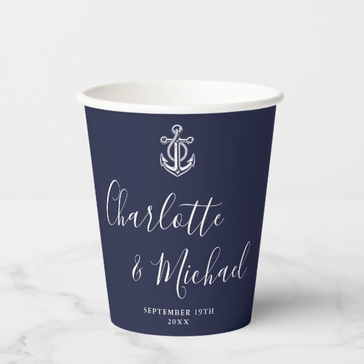 Elegante Navy Blue Anchor Nautical Wedding Pappbecher (Vorderseite)