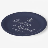 Elegante Navy Blue Anchor Nautical Wedding Pappteller (Schrägansicht)