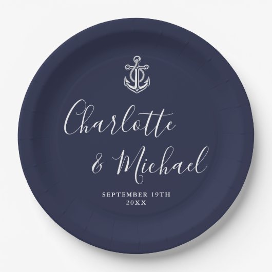Elegante Navy Blue Anchor Nautical Wedding Pappteller (Vorderseite)