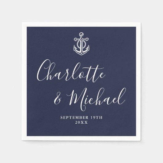 Elegante Navy Blue Anchor Nautical Wedding Serviette (Vorderseite)