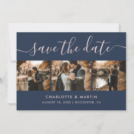 Elegante Navy Blue and Blush Foto Collage Save The Date