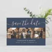 Elegante Navy Blue and Blush Foto Collage Save The Date (Stehend Vorderseite)