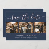 Elegante Navy Blue and Blush Foto Collage Save The Date (Vorne/Hinten)