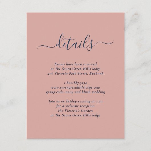 Elegante Navy Blue and Blush Hochzeitskarte Begleitkarte (Vorderseite)