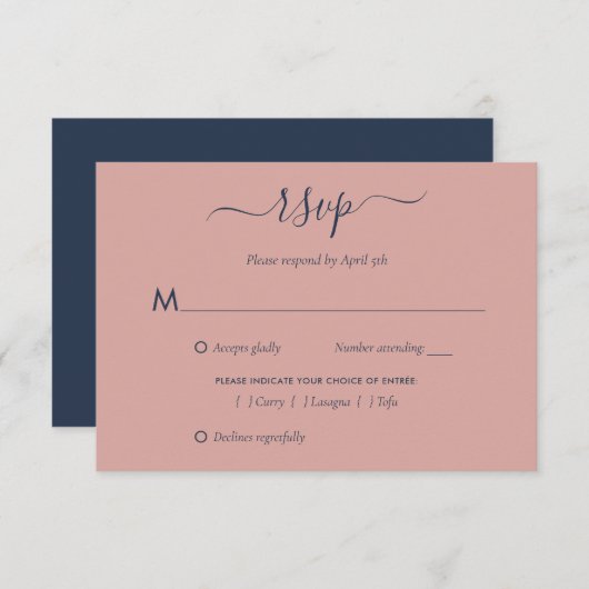 Elegante Navy Blue and Blush Wedding RSVP Cards (Vorne/Hinten)