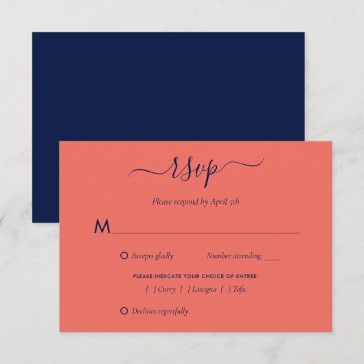 Elegante Navy Blue and Coral Wedding RSVP Card Mee Karte (Vorne/Hinten)