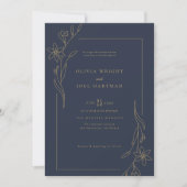 Elegante Navy Blue and Gold Floral Frame Wedding Einladung (Vorderseite)