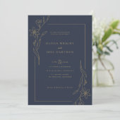 Elegante Navy Blue and Gold Floral Frame Wedding Einladung (Stehend Vorderseite)