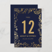 Elegante Navy Blue and Gold Floral Tischnummern (Vorne/Hinten)