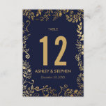 Elegante Navy Blue and Gold Floral Tischnummern<br><div class="desc">Elegante, moderne und schicke Imitate Gold und trendige marineblaue Blumenmuster, Hochzeitstisch-Karte. Dieses klassische und raffinierte Design eignet sich perfekt für den eleganten, stilvollen und trendigen Hochzeitsempfang. Personalisieren Sie mit benutzerdefinierten Tischnummern auf der Vorderseite oder fügen Sie Ihre eigene persönliche Nachricht hinzu, indem Sie auf die Schaltfläche "Anpassen" klicken. Fügen Sie...</div>