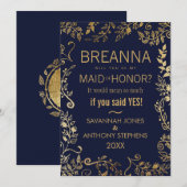 Elegante Navy Blue and Gold Floral Trauzeugin Einladung (Vorne/Hinten)
