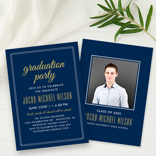 Elegante Navy Blue and Gold Graduation Party Einladung
