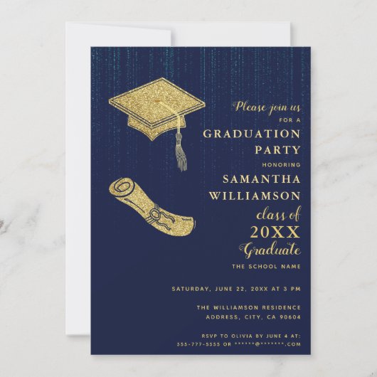 Elegante Navy Blue and Gold Graduation Party Einladung (Vorderseite)