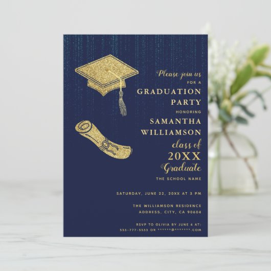 Elegante Navy Blue and Gold Graduation Party Einladung (Stehend Vorderseite)