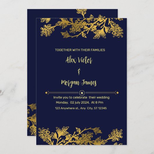 Elegante Navy Blue and Gold Hochzeit Einladung (Vorne/Hinten)