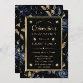 Elegante Navy Blue and Gold Rose Blumenschlucht Einladung (Vorne/Hinten)