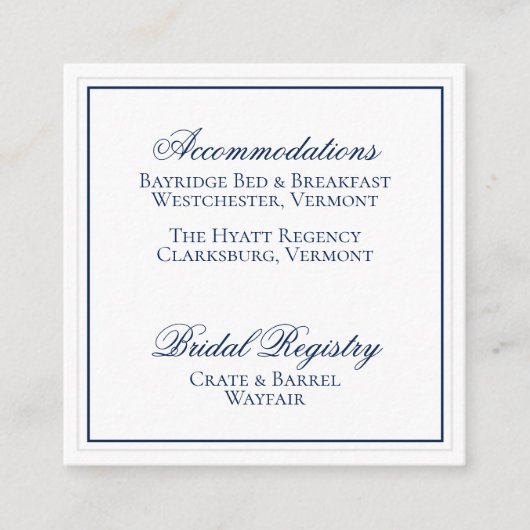 Elegante Navy Blue and White Wedding Details Card Begleitkarte (Vorderseite)