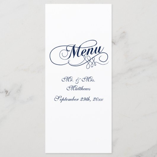 Elegante Navy Blue and White Wedding Menu Vorlagen (Rückseite)