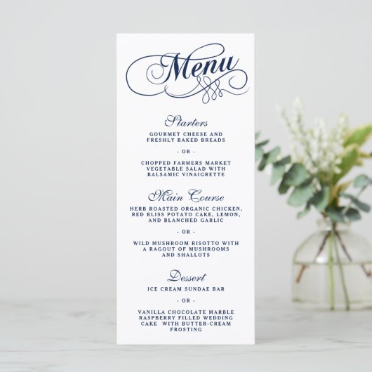 Elegante Navy Blue and White Wedding Menu Vorlagen (Stehend Vorderseite)