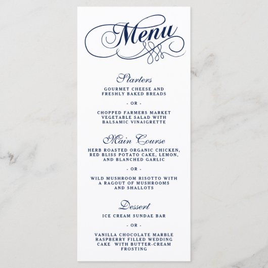 Elegante Navy Blue and White Wedding Menu Vorlagen (Vorderseite)
