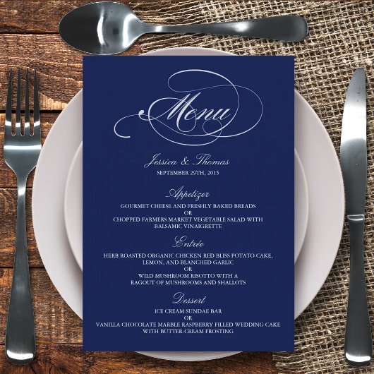 Elegante Navy Blue and White Wedding Menu Vorlagen