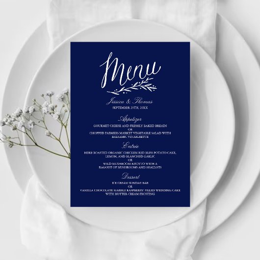 Elegante Navy Blue and White Wedding Menu Vorlagen