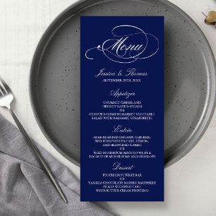 Elegante Navy Blue and White Wedding Menu Vorlagen