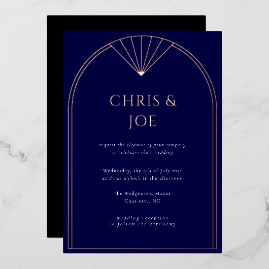 Elegante Navy Blue Art Deco Folieneinladung (Vorderseite/Rückseite)